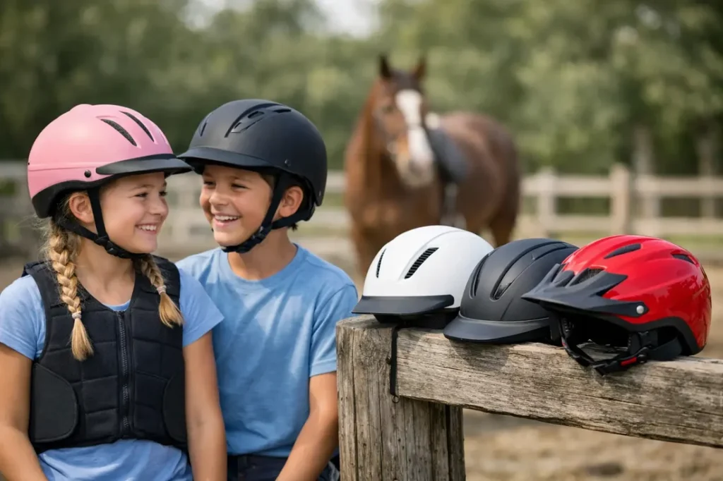 Instructor fitting a safety helmet on a guest before a horse riding tour in Side