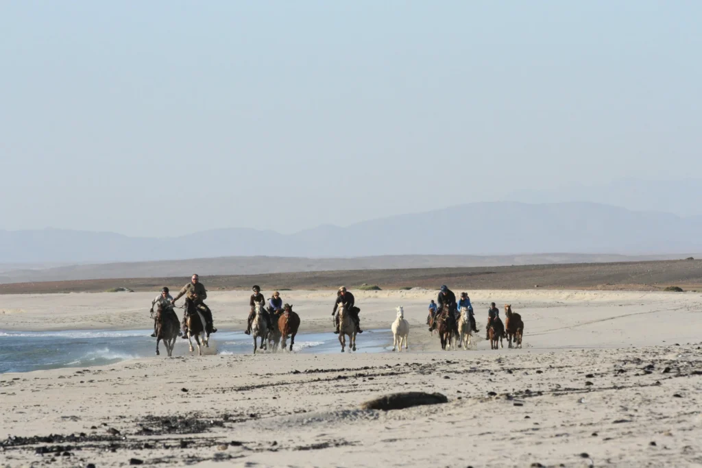 Small group of tourists riding horses on a guided countryside tour near Side