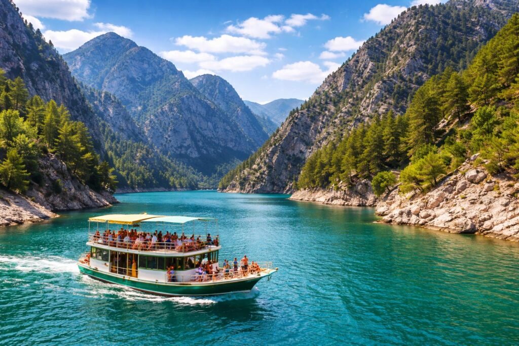 Family enjoying the Green Canyon boat tour from Side