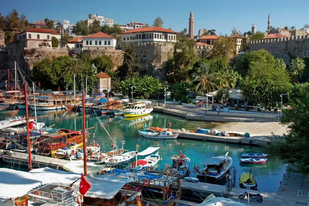 Scenic view of Hadrian's Gate and cobblestone streets in Kaleici Old Town Antalya