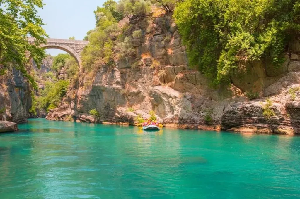 Ancient stone bridge and natural scenery of Köprülü Canyon near Beşkonak during rafting tour