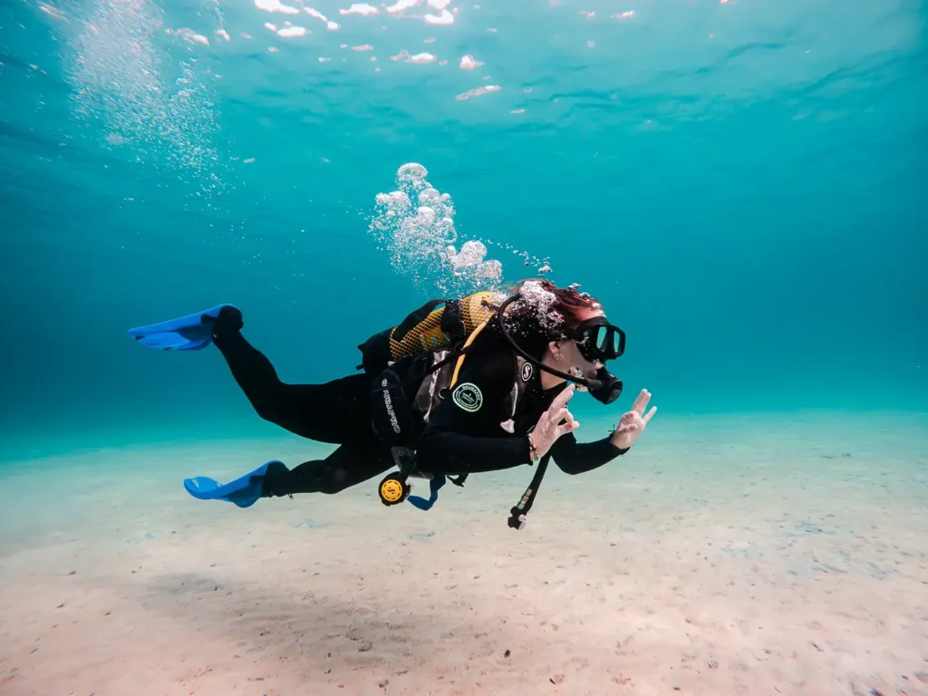 PADI certified scuba diving instructor with tourists in Side Manavgat Mediterranean waters
