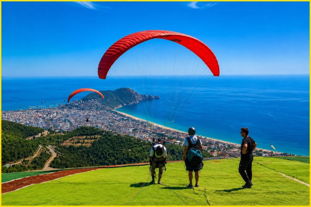 Passenger and pilot running for takeoff at Yassıtepe Hill paragliding station