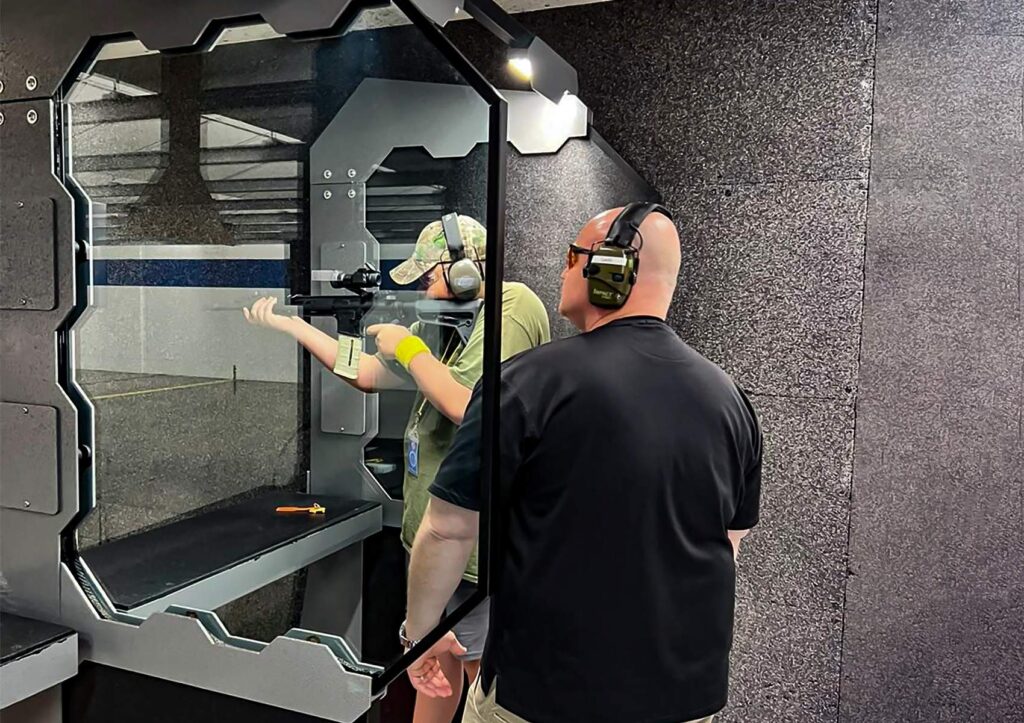 Safety equipment at Side shooting range including protective glasses, ear protection and professional instruction
