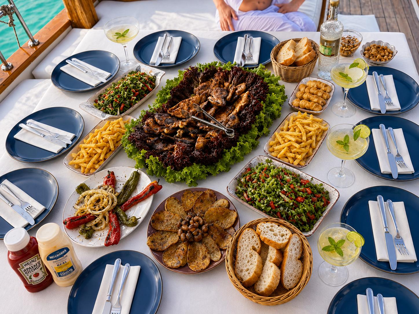Fresh Mediterranean lunch served on board private yacht in Side Turkey