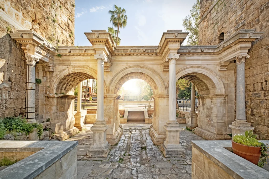 Ancient Roman Hadrian’s Gate marking the historic entrance to Kaleiçi Old Town in Antalya