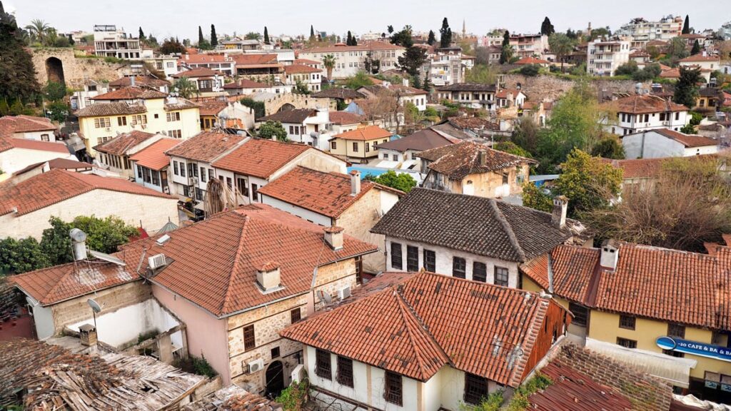 Historic cobblestone street with Ottoman-era houses in Kaleiçi Old Town Antalya