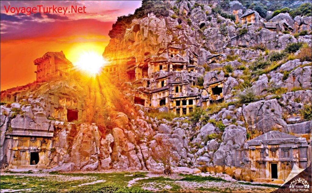Ancient Lycian rock-cut tombs carved into the cliffs at Myra Ancient City near Demre, Turkey