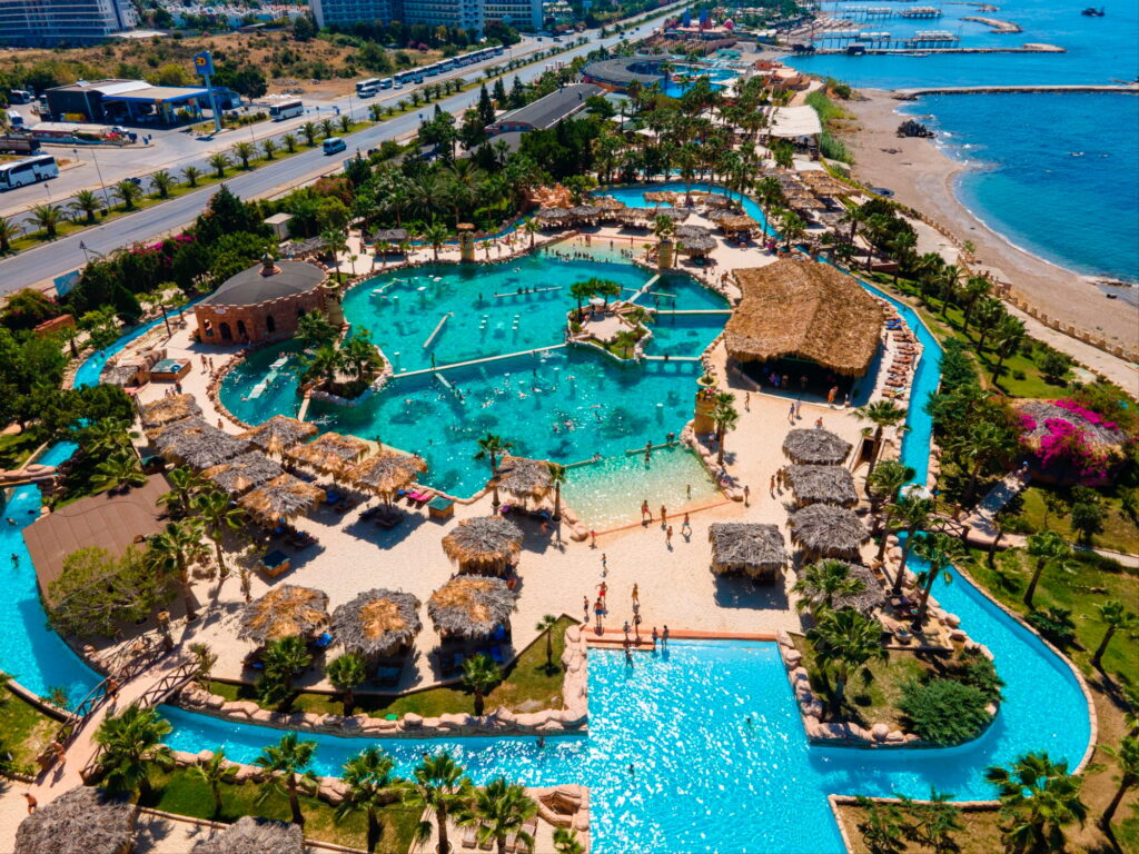Covered stadium seating overlooking the marine show pool at Sealanya Dolphinpark in Türkler, near Side and Manavgat, Turkey