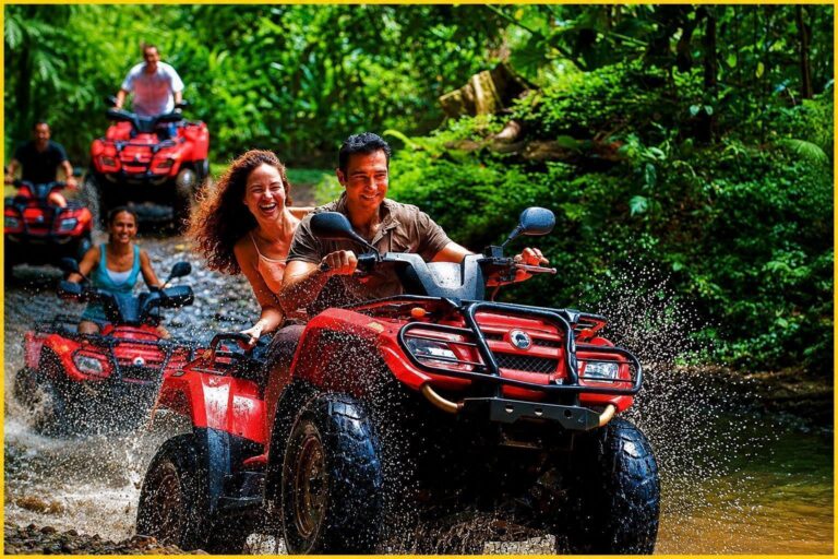 Group of quad bikers driving automatic 200cc ATVs through pine forest dirt trails in Side Turkey