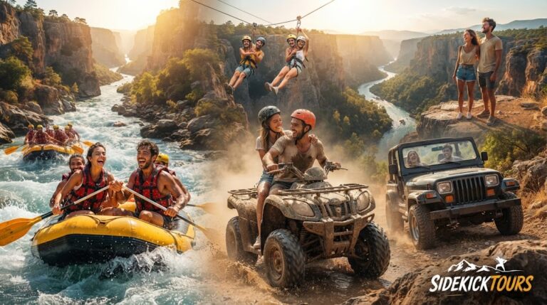 Rafting group paddling on the Köprüçay River in Köprülü Canyon National Park near Side, Antalya, Turkey, wearing helmets and life jackets with the Taurus Mountains and canyon scenery in the background
