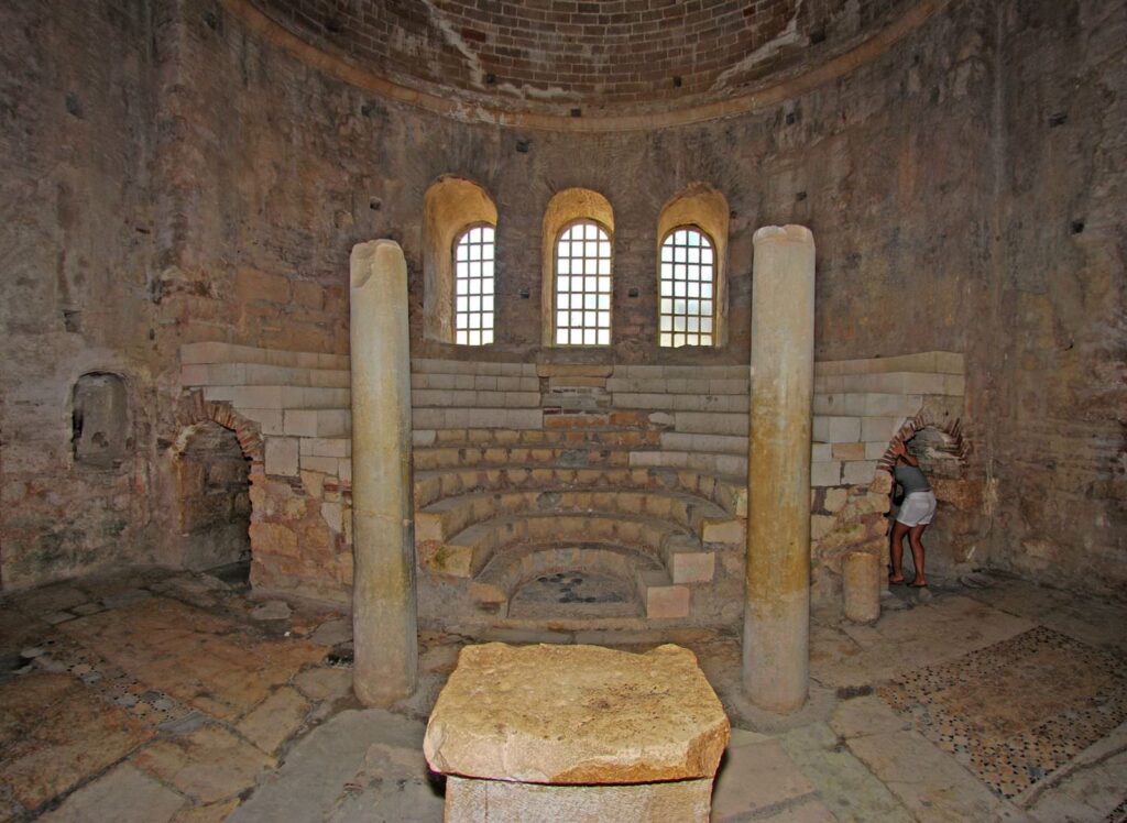 Byzantine frescoes and historic stone architecture inside the Church of St Nicholas in Demre, Turkey