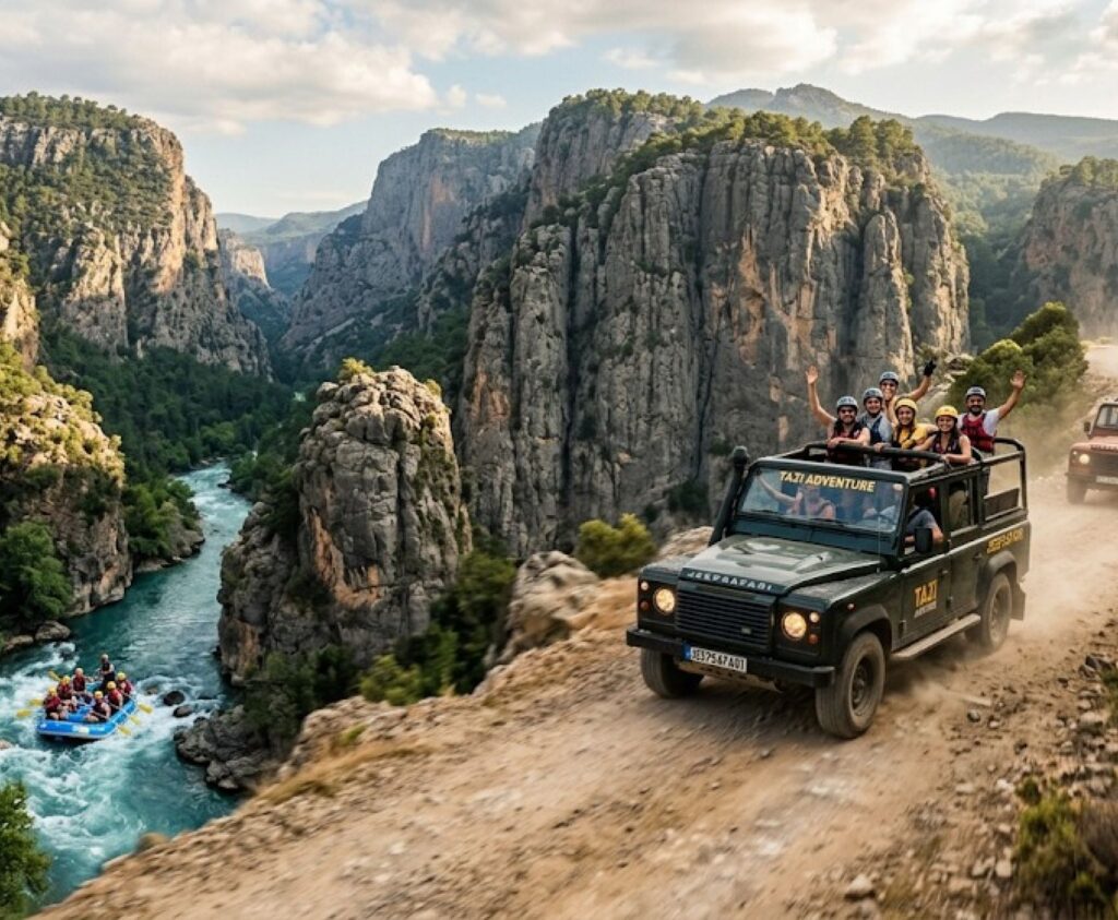 Jeep safari vehicle travelling through the Taurus Mountains on the way to Tazı Canyon near Side, Turkey